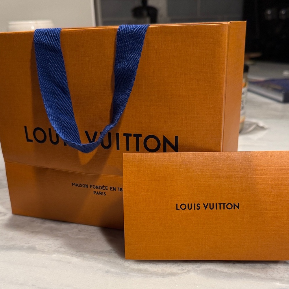 Louis Vuitton Orange Bag with Blue Handles and Card